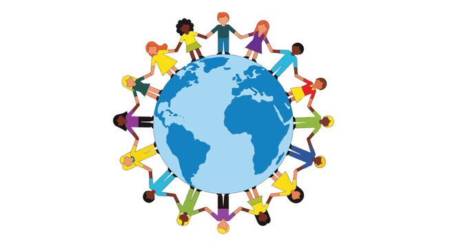 Diverse Children Holding Hands Around Earth Globe - Unity and Global Friendship