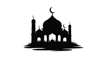 Mosque Silhouette with Crescent Moon Islamic Symbol on White Background