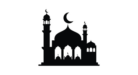 Mosque Silhouette with Crescent Moon Islamic Symbol on White Background