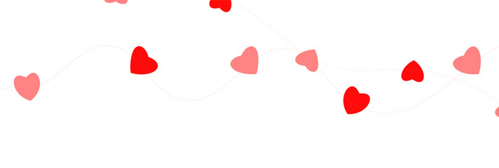 Paper pink heart string. Valentine day garland. Hanging Red and Pink Paper Hearts Seamless Border. Wedding banner. Happy Holiday decoration. Birthday party bg. 8 March card. Vector illustration