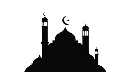 Mosque Silhouette with Crescent Moon Islamic Symbol on White Background