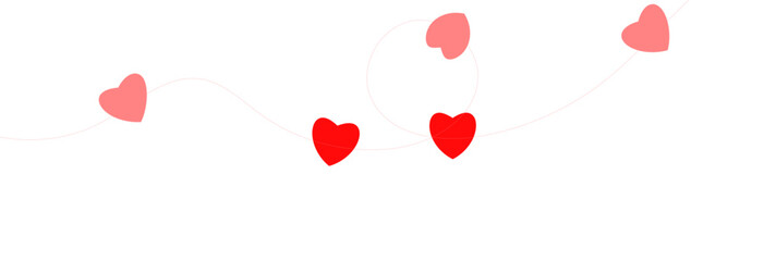 Paper pink heart string. Valentine day garland. Hanging Red and Pink Paper Hearts Seamless Border. Wedding banner. Happy Holiday decoration. Birthday party bg. 8 March card. Vector illustration