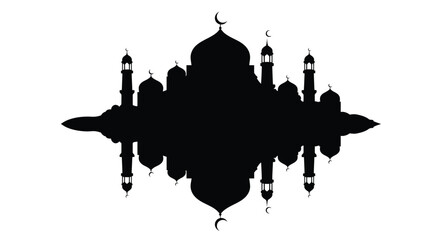Islamic mosque silhouette with crescent moon and minarets on white background