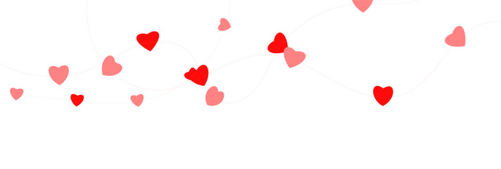 Paper pink heart string. Valentine day garland. Hanging Red and Pink Paper Hearts Seamless Border. Wedding banner. Happy Holiday decoration. Birthday party bg. 8 March card. Vector illustration