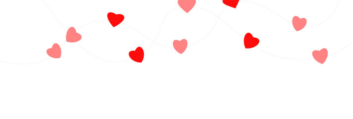 Paper pink heart string. Valentine day garland. Hanging Red and Pink Paper Hearts Seamless Border. Wedding banner. Happy Holiday decoration. Birthday party bg. 8 March card. Vector illustration