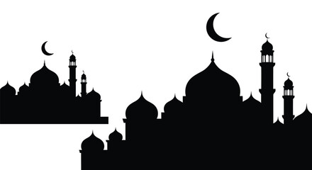 Islamic cityscape silhouette with crescent moons and minarets at dusk