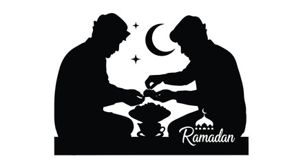 Silhouetted people breaking fast together during Ramadan with crescent moon