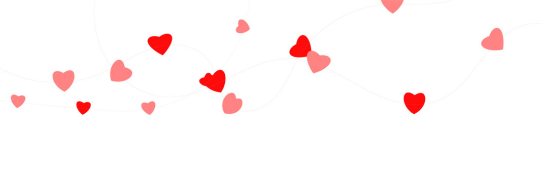 Paper pink heart string. Valentine day garland. Hanging Red and Pink Paper Hearts Seamless Border. Wedding banner. Happy Holiday decoration. Birthday party bg. 8 March card. Vector illustration