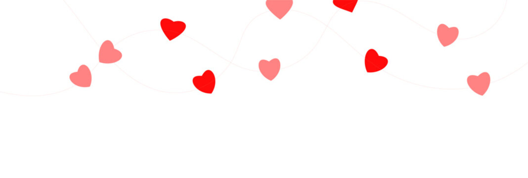 Paper pink heart string. Valentine day garland. Hanging Red and Pink Paper Hearts Seamless Border. Wedding banner. Happy Holiday decoration. Birthday party bg. 8 March card. Vector illustration