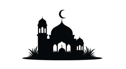 Mosque Silhouette with Crescent Moon Islamic Symbol on White Background
