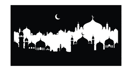 Islamic cityscape silhouette at night with crescent moon