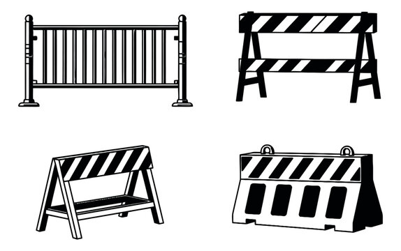 Hand drawn line art safety barriers set featuring crowd control and road barricades for construction and event management