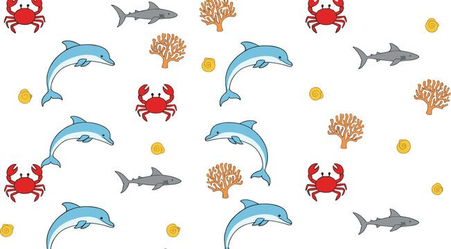 Cute marine animal seamless pattern vector with dolphins sharks crabs corals and shells isolated on white background for kids ocean designs