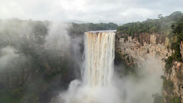 A wide, powerful waterfall cascades over a sheer cliff face, surrounded by lush green jungle and mist. The water is a light brown, indicating sediment, and the sky is overcast.