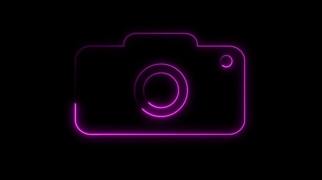 Purple Neon Camera Animation: Glowing Digital Photography Icon in Seamless Loop on Black Background, Modern Multimedia, Content Creator, and Social Media UI UX Interface Design Element