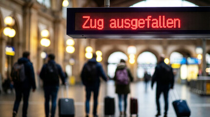 Reisende mit Koffer am Bahnhof und eine Leuchttafel mit dem Hinweis Zug Ausgefallen