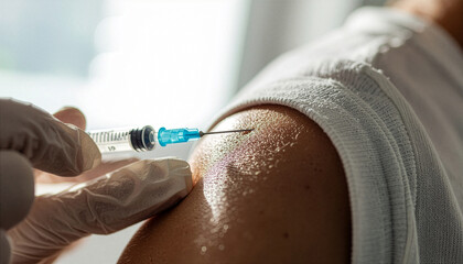 A person is being vaccinated in a doctor's office. Close-up of the syringe with the needle.