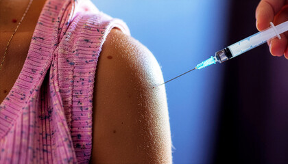 A person is being vaccinated in a doctor's office. Close-up of the syringe with the needle.