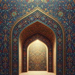 Obraz premium Ornate passageway with arabesque detailing and light illumination backdrop