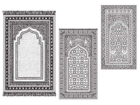 Islamic prayer rug engraving illustration for Ramadan worship branding