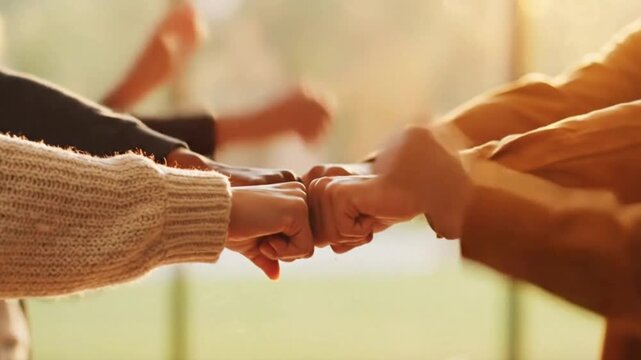 People showing teamwork and unity with hands together in a circle gesture