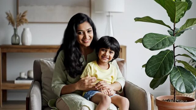 Warm medium shot of a smiling indian mother and son cuddling in their bright, modern living room.