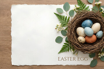 easter eggs in a nest on wooden background