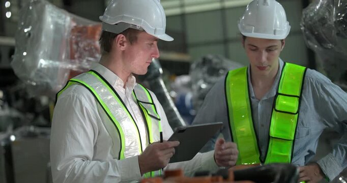 Engineering supervisor mentors trainee in robotics environment, emphasizing the importance of leadership, communication, and continuous education in managing complex machinery and technical processes
