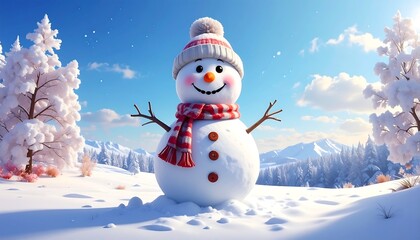 Cheerful snowman in winter wonderland with snow covered trees and background
