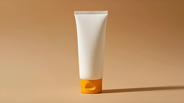 Minimalist white sunscreen tube packshot on warm sand background with soft daylight shadows.