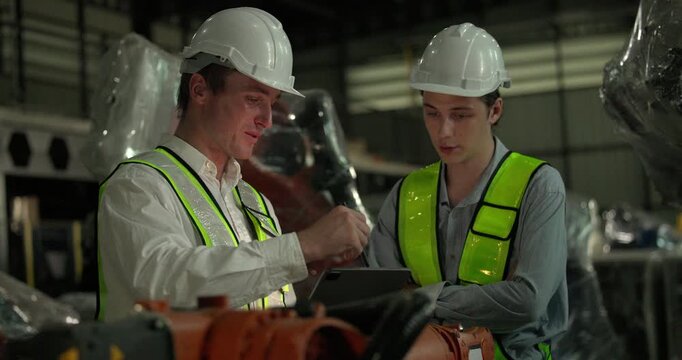 Engineering supervisor mentors trainee in robotics environment, emphasizing the importance of leadership, communication, and continuous education in managing complex machinery and technical processes
