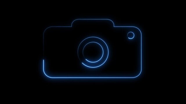 Cyan,Neon Camera Animation: Glowing Digital Photography Icon in Seamless Loop on Black Background, Modern Multimedia, Content Creator, and Social Media UI UX Interface Design Element