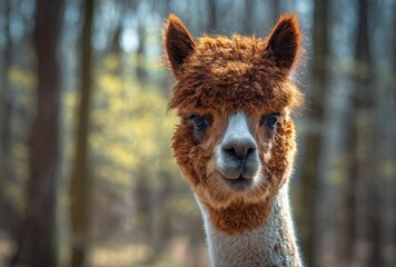 Fototapeta premium Close Up Portrait Of A Brown And White Alpaca With Sparkly Fur In A Forest Setting