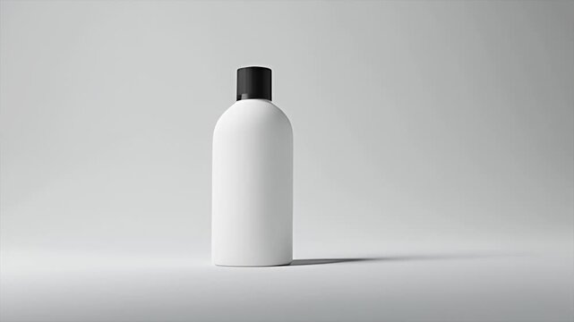 Minimalist white product bottle with black cap on white background, soft studio lighting, and large copy space.