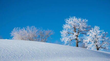 Serene winter landscape with snow-covered trees on a gentle hill slope under a clear blue sky
