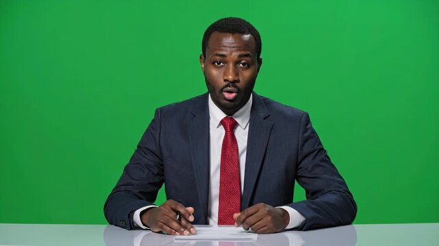 Male News Presenter Sitting at Desk in Front of Green Screen
