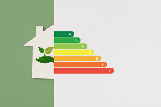 House energy efficiency, eco home renovation save cost. Low consumption ecological house, Sustainable Development Concept, house with plant icon and energy efficiency scale on green and white