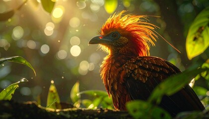 Fototapeta premium Vibrant bird with orange plumage in lush forest.