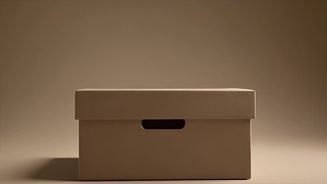 Minimalist brown cardboard subscription box on a matte background with soft directional lighting.