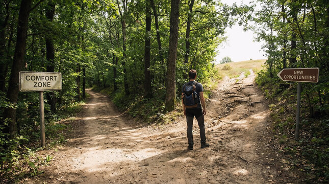 A solitary figure contemplates an important life decision at a splitting path in a verdant forest, weighing the known comforts against the potential of new, challenging endeavors