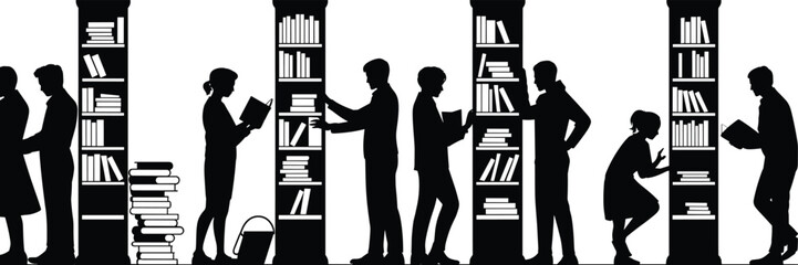 Black silhouette set of people reading books and browsing bookshelves in library isolated on white background for education, © Mst