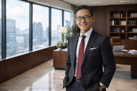 Uśmiechnięty menedżer w eleganckim biurze z widokiem na miasto