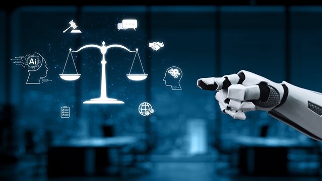 A robotic hand reaches towards digital symbols representing justice and law. This image embodies the intersection of technology and legal practice in today world. Synapse