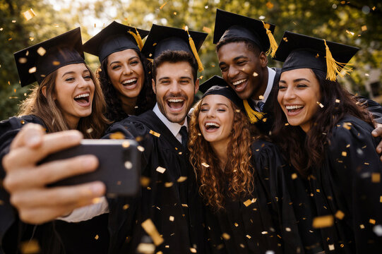 Absolwenci robiący wsp&oacute;lne selfie podczas świętowania ukończenia studi&oacute;w