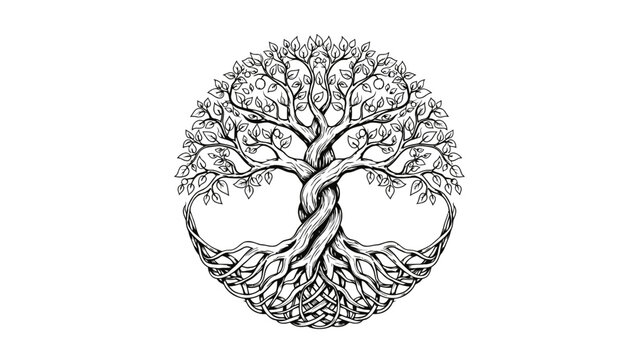 Intricate Tree of Life Illustration with Roots and Branches for Environmental Branding, Sustainability Reports, ESG Investment and Botanical Education Vector Art