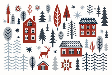 Festive winter scene featuring stylized houses trees and reindeer © Raju