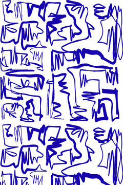 Cobalt-blue hand-drawn doodle graffiti seamless repeat on white. Bold marker linework for streetwear, textile prints, posters, packaging, stickers, stationery and wallpaper.