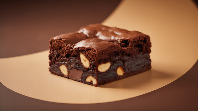 A close-up of a chocolate brownie with nuts, showcasing a rich, moist texture and glossy surface.