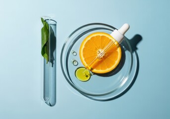 Fresh citrus fruits and green leaves in laboratory glassware on blue background for skincare or healthcare concept