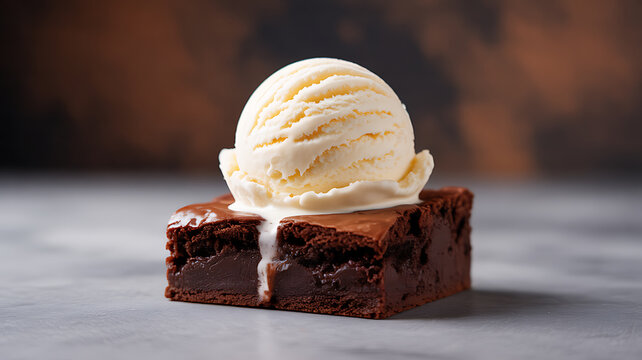 A rich chocolate brownie topped with a scoop of vanilla ice cream, melting slightly on a gray surface.